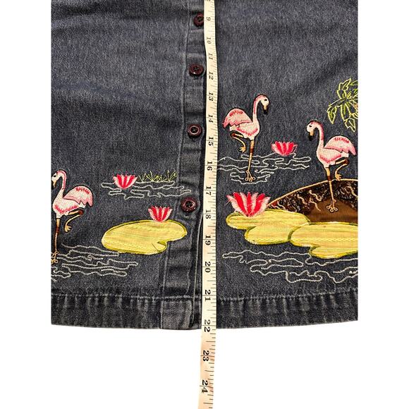 VTG New Direction Embroidered Flamingo Denim Button Front Shirt, size S - Picture 5 of 9